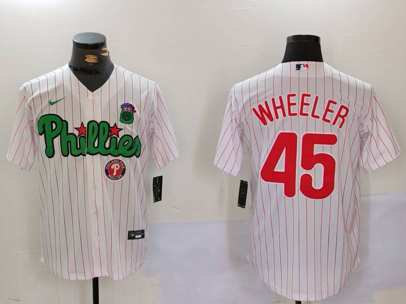 Men Philadelphia Phillies 45 Wheeler White stripe Second generation Joint Name 2024 Nike MLB Jersey style 3